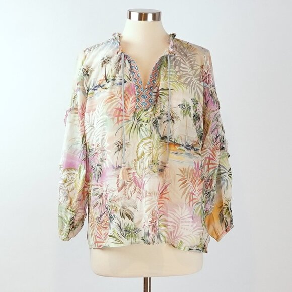 Johnny Was Boho Print Long Sleeve Tie Neck Blouse Top - Size Small - Picture 1 of 6